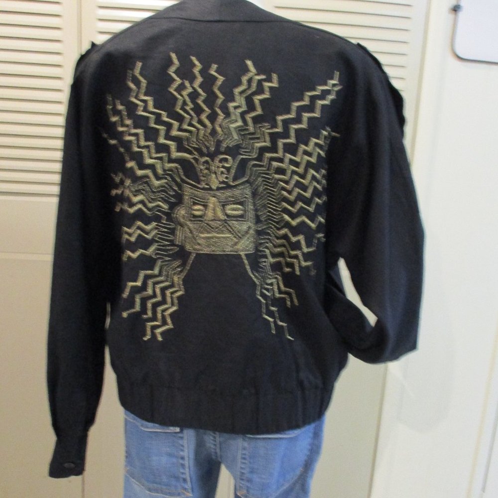 Vintage 80's Linda Org Ellen Tracy BLACK  Linen  Gold Embroider Epaulet Jacket 8